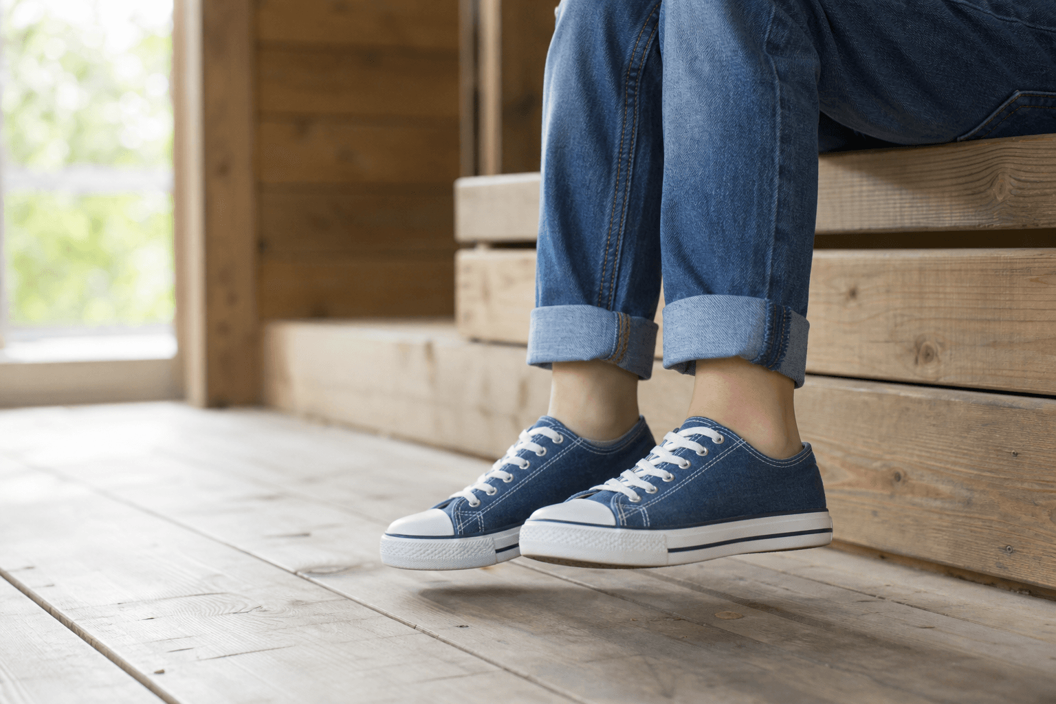 Junger Mensch mit blauen Schuhen auf einer Holzstufe
